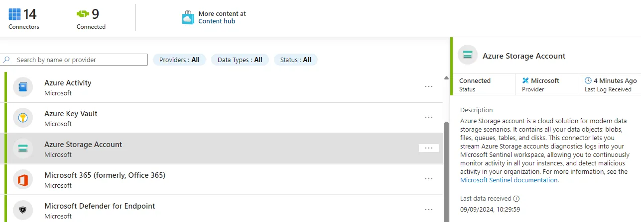 Microsoft Sentinel’s connector page